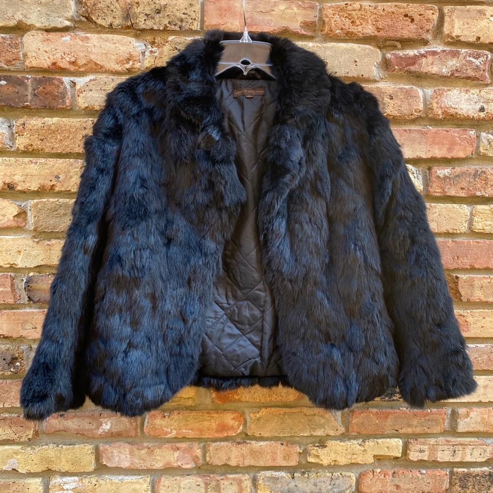 Natural Rabbit Fur Black Short Coat Quilted Lining